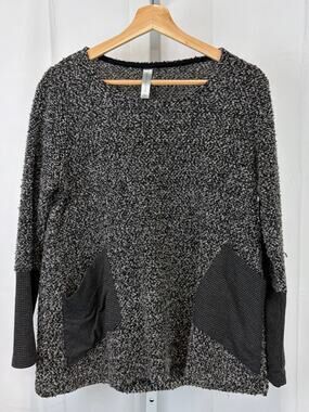 MATTI MAMANE Textured Pullover Knit Top Sweater Check Cuff Pockets Gray Black S